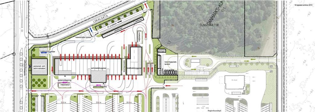 Alternativ A2: STADSBUSSDEPÅ I UPPSALA 8040456 2013-05-08 Sid 27 (46) Här antas att detaljplanen kan påverkas och att infarten till depån kan ordnas genom extra körfält från rondellen i sydväst och