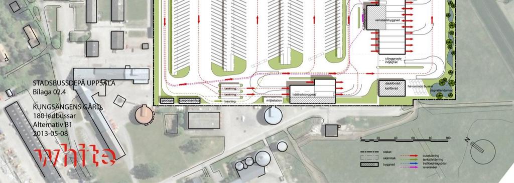 Alternativ B1: STADSBUSSDEPÅ I UPPSALA 8040456 2013-05-08 Sid 31 (46) Bussuppställningen på värmeramper med tre gator är det centrala elementet.
