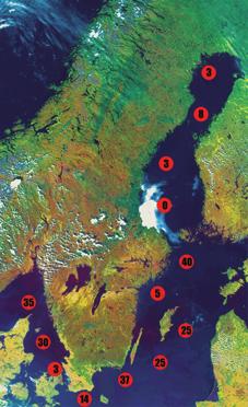 KUSTBEVAKNINGEN Kustbevakningen har under år 2002 upptäckt 228 oljeutsläpp. Siffrorna anger antal utsläpp i respektive zon.