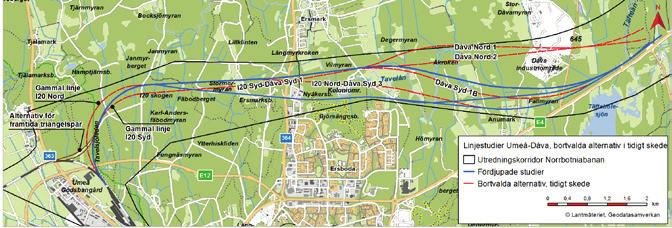 Linjestudier Under 2016 genomförde Trafikverket linjestudier inom den valda utredningskorridoren för JU 110 på sträckan Umeå-Dåva (se figur 4.1-6).