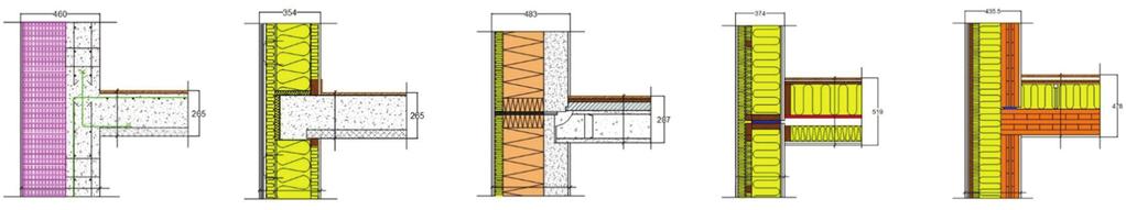 Figur 3: Detalj från ytterväg/bjälklagsanslutningarna i ett E) pelar-däck-system (överst), samt A) platsgjuten betong med bärande yttervägg, B) platsgjuten betong och C) lätta utfackningsväggar, D)