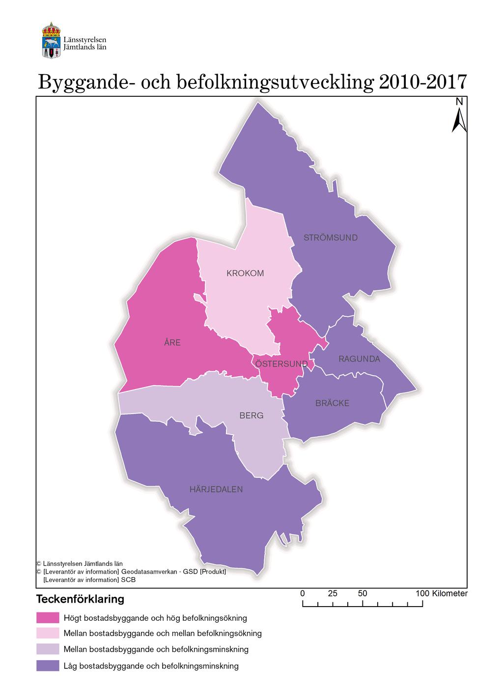 Figur 5: Utveckling av bostadsbyggande och befolkning mellan 2010 och 2017 i Jämtlands läns kommuner.