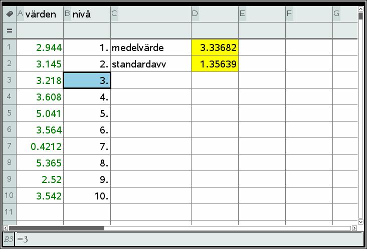 Problem 5: I detta problem har vi i kalkylarket två listor. Det är datapunkter i kolumnen värden vi ska titta på.