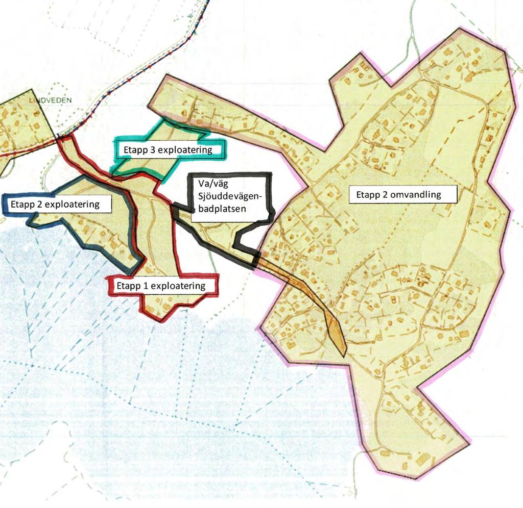 Utbyggnad av VA Exploatering: Etapp 1 (röd) byggs Aug 2018 dec 2018 Etapp 2 (blå) byggs 2019-2020 Etapp 3 (turkos) byggs 2020 2021 Beroende av försäljningen