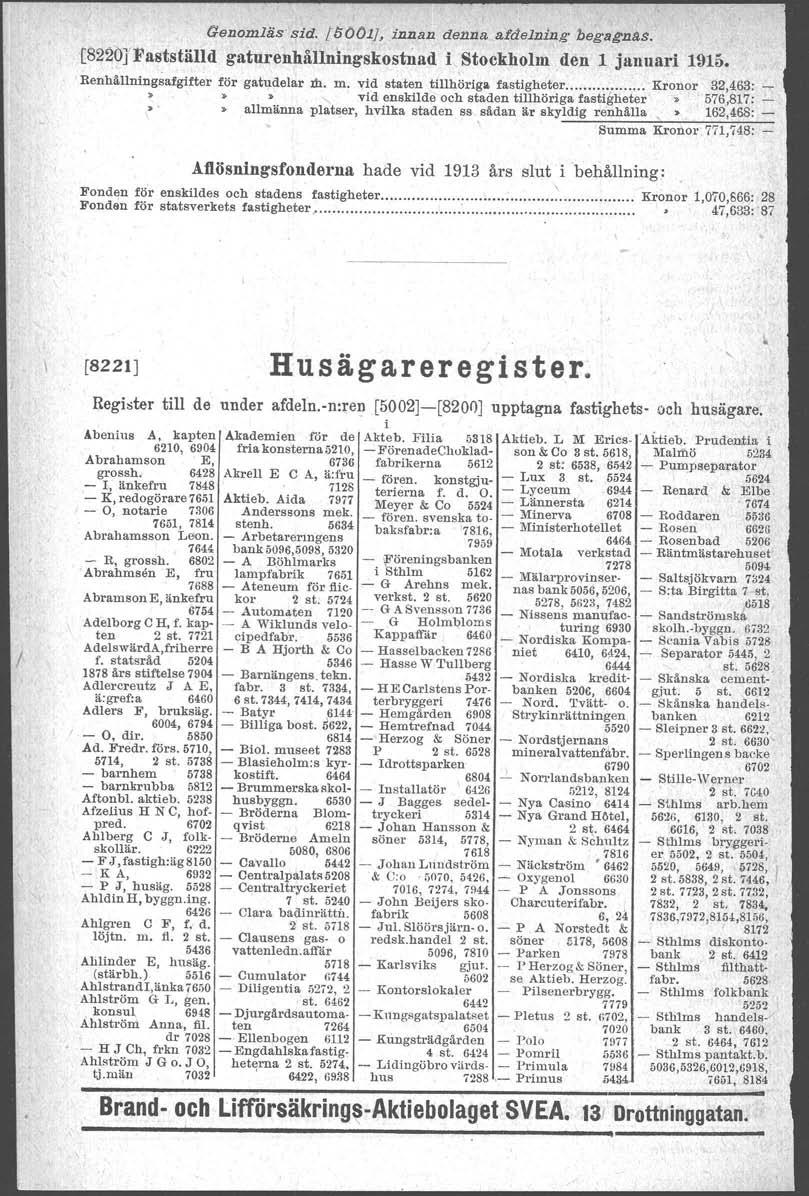 Genomlä.s sid. [oool}, innan denna a/delning begagnas. t8220yfastställd gaturenhållningskostnad i Stockholm den l januari 1915. Renhållningsafgifter för gatudelar!h. m.