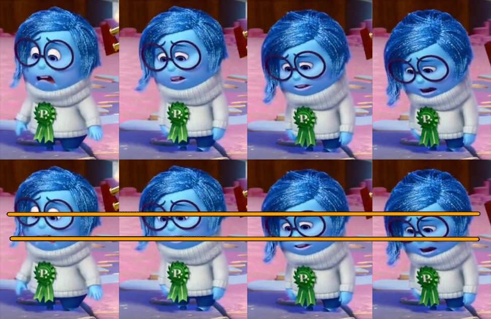 Figur 8: En progression av Sadness kroppshållning i en scen i filmen Inside Out. Vågräta orangea linjer visar hur kroppen över tid sjunker ihop och närmar sig marken.