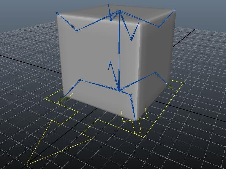 Figur 19: Kontroller för benen i kubens nedre hörn är skapade. Alla kontroller markerade med gult, benstrukturen i blått och kubens 3dmodell i ljusgrått.