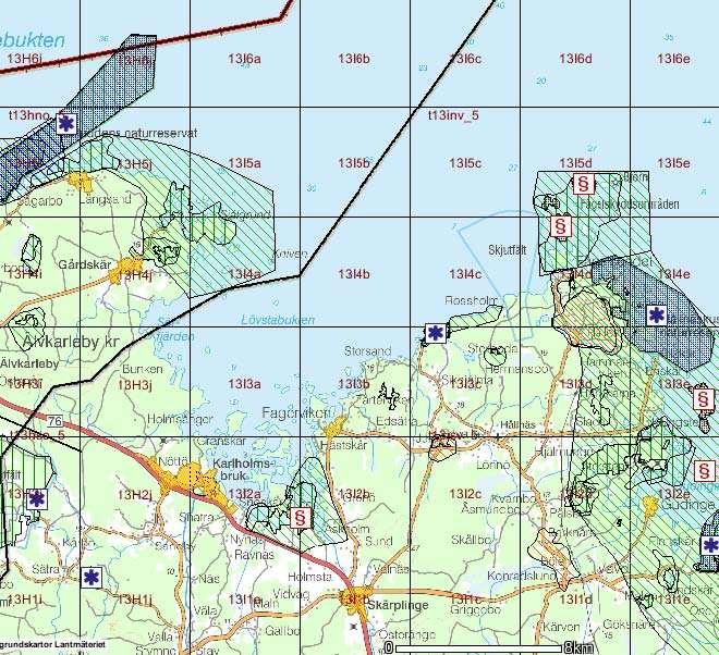 6 Förhållanden i omgivningen, tex skyddsobjekt Ledskärsområdet som täcker ett område innehållande såväl land-som havsområden i de inre delarna av Karlholmsfjärden och Lötfjärden är klassat som