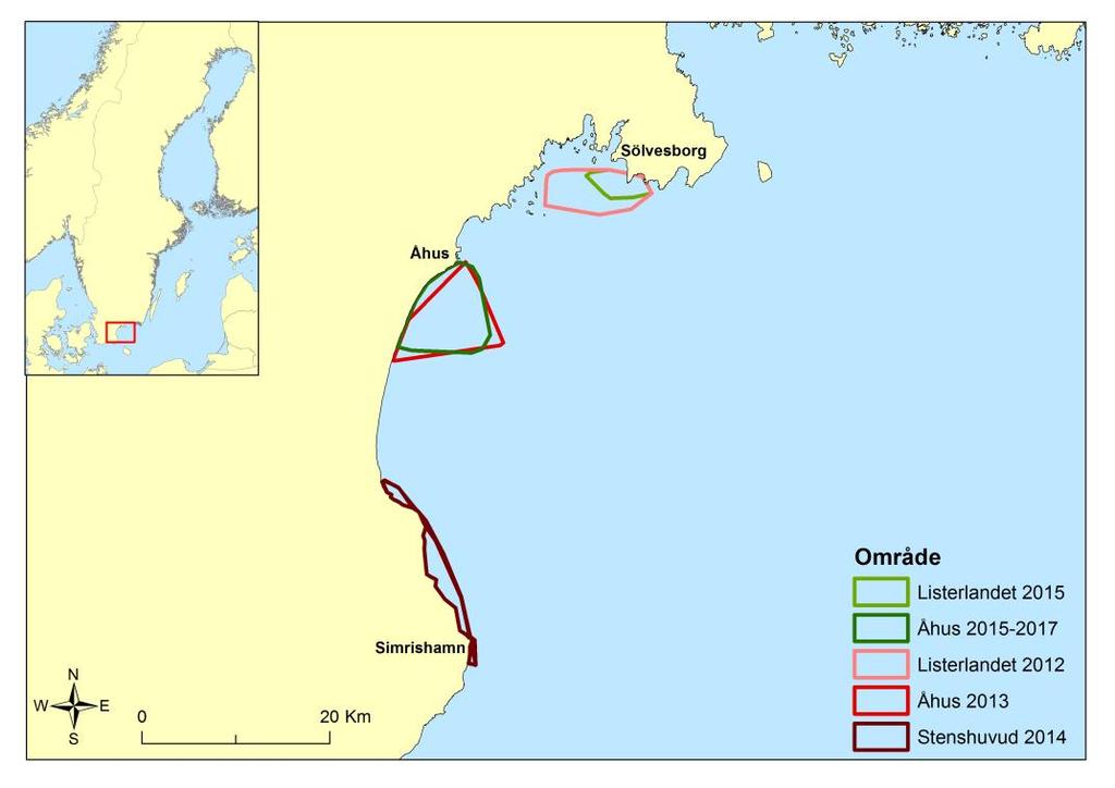 Figur 4. Karta över jämförda provfiskeområden i Hanöbukten. Samtliga fisken är utförda enligt samma undersökningstyp och under ungefär samma tid på året.