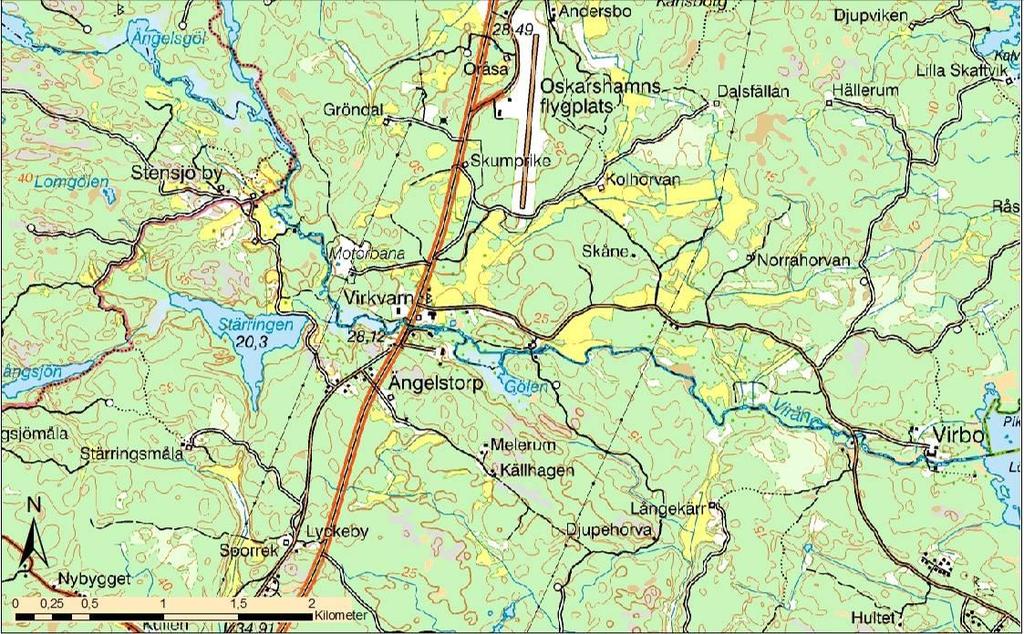 Figur 4. Översiktskarta 1 på Virån mellan mynningen och Djupsjön, markerat med gröna punkter.