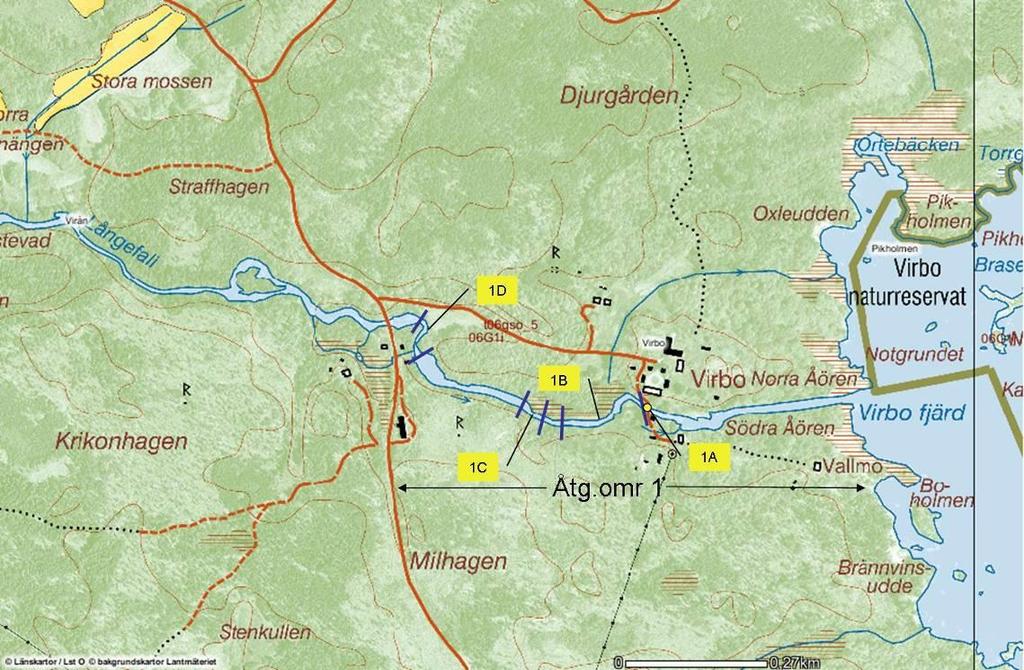 Åtgärdsområde 1; Virbo - Vägen Figur 5. Översiktskarta på åtgärdsområde 1 med åtgärdslokaler 1A till1d (Källa: www.gis.lst.se).