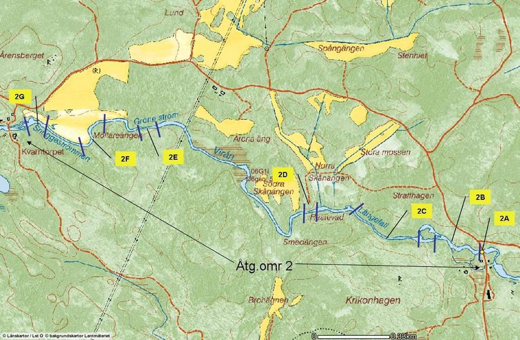 Åtgärdsområde 2; Vägen till Snuggeström Figur 11. Översiktskarta på åtgärdsområde 2 med åtgärdslokaler 2A till 2F. Gränserna för projektering och åtgärdsförslag är markerade (Källa: www.gis.lst.se).