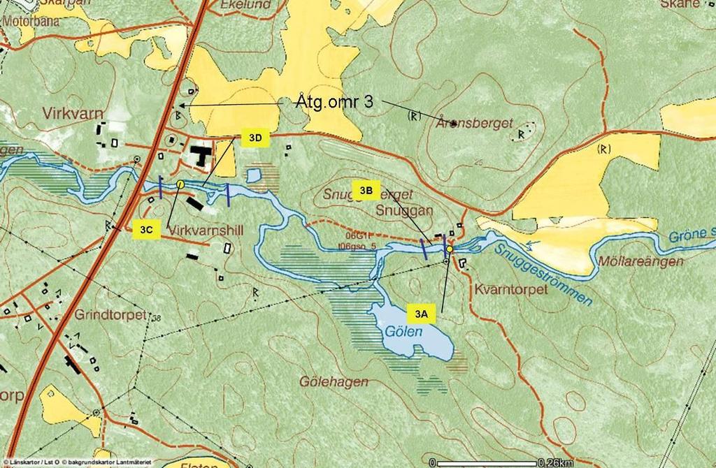 Åtgärdsområde 3; Kvarntorpet till Virkvarn Figur 22. Översiktskarta på åtgärdsområde 3 med åtgärdslokalerna 3A till 3C. Gränserna för projektering och åtgärdsförslag är markerade (Källa: www.gis.lst.