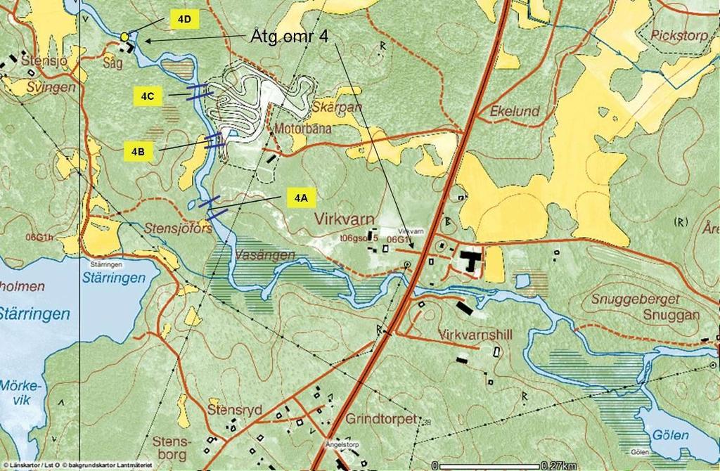 Åtgärdsområde 4; Bron E22 Stensjö såg Figur 29. Översiktskarta på åtgärdsområde 4 med åtgärdslokalerna 4A till 4D. Gränserna för projektering och åtgärdsförslag är markerade (Källa: www.gis.lst.se).