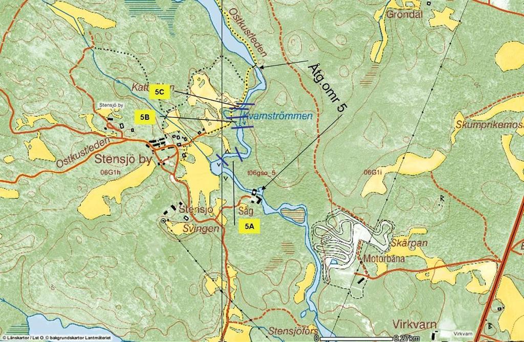Åtgärdsområde 5; Stensjö by Långsjön Figur 36. Översiktskarta på åtgärdsområde 5 med åtgärdslokalerna 5A till 5C. Gränserna för projektering och åtgärdsförslag är markerade (Källa: www.gis.lst.se).