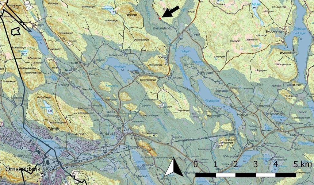 Figur 3a och 3b. Utredningsområdet markerat med röd punkt och svart pil.