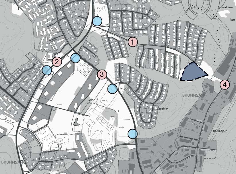 Gator och trafik Befintligt och nytt gatunät Planområdet angörs från Baggåsvägen i norr. Den vägen sträcker sig väster ut bort mot Birkavägen. Ett stort antal gång- och cykelvägar finns i närområdet.