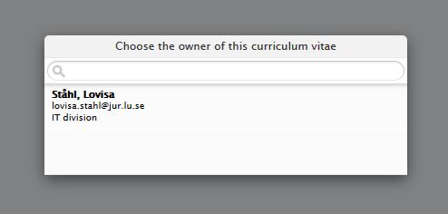 Först visas den här rutan dyker upp och där väljer du relevant person (dig själv). Här väljer du själv vilken information du vill ha med på ditt CV.