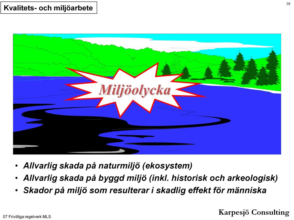 2 Karpesjö Consulting En miljöolycka är stor om den orsakar långtidsskada på sällsynta eller värdefulla särdrag i naturmiljön eller den byggda miljön, eller om miljöskadorna är mycket omfattande.