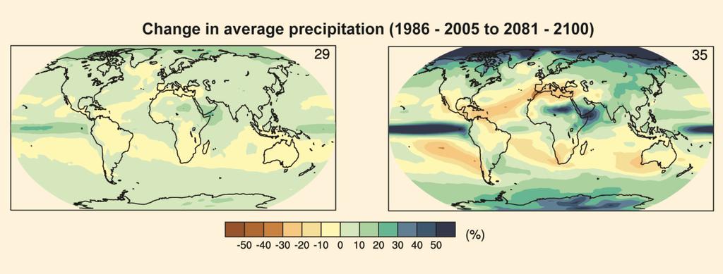 Nederbörden ökar i vissa områden (blå) och minskar i vissa områden (bruna). Till vänster visas ett lägre utsläppsscenario och bilden till höger ett högre utsläppsscenario.
