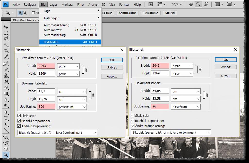 Photoshop Ändra storleken på bilden För acceptabel bildkvalitet kräver tryckeriet att dokuments bilder ska vara i 300 px/tum utifrån storleken på presentationen.