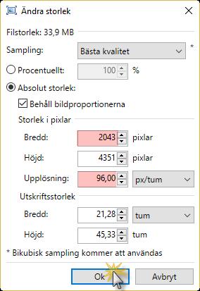 till att bilden har upplösning 96 px/tum.