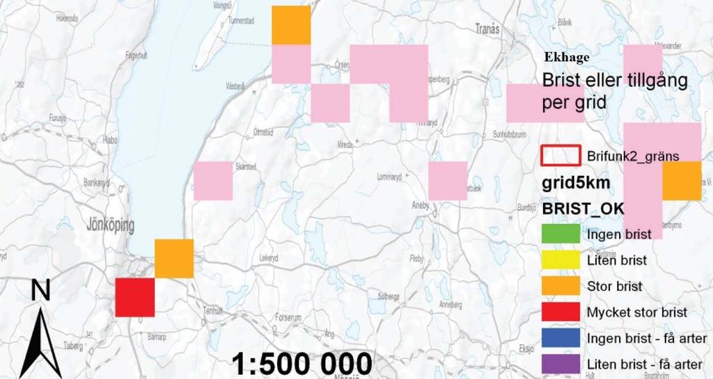 Figur 13. LEIF. Karta över brist och tillgång av ekhage per ruta om 5 km.