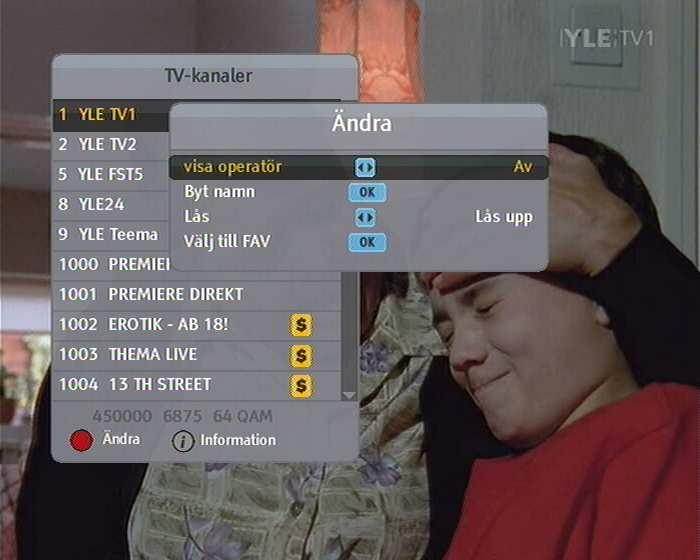 32 Daglig användning I kanallistan kan du se följande kanalinformation: Kanalnummer Kanalnamn Transponderinformation Ett dollartecken ($) kan vara utmärkt på vissa poster, vilket betyder betalkanal.