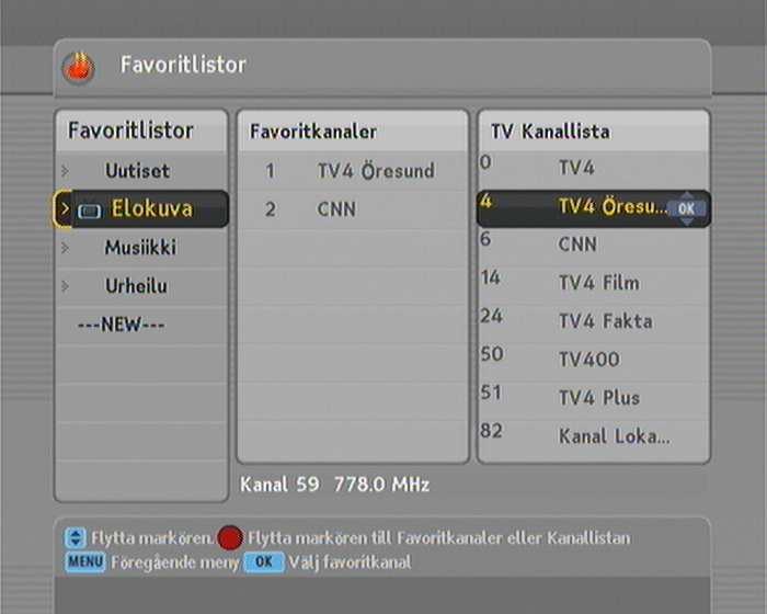 39 Kapitel 6 Lista kanaler 6.1 Redigera favoritlistan Du kan göra din egen favoritkanallista. För att redigera din favoritlista, välj Favoritlistor menyn; varpå en redigerbar favoritlista visas.