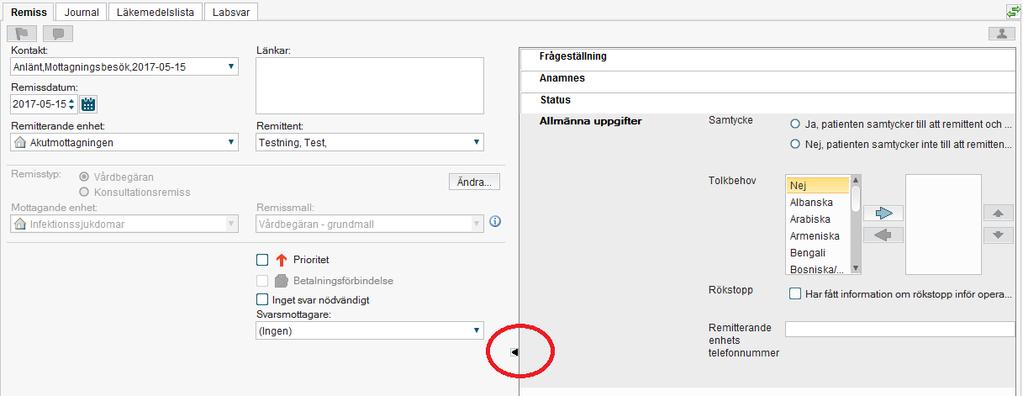 Sidan 22 14. REMISS SKICKA REMISS När man skickar remiss förekommer ibland långa textfält i remissmallarna där hela texten inte får plats att visas på skärmen.