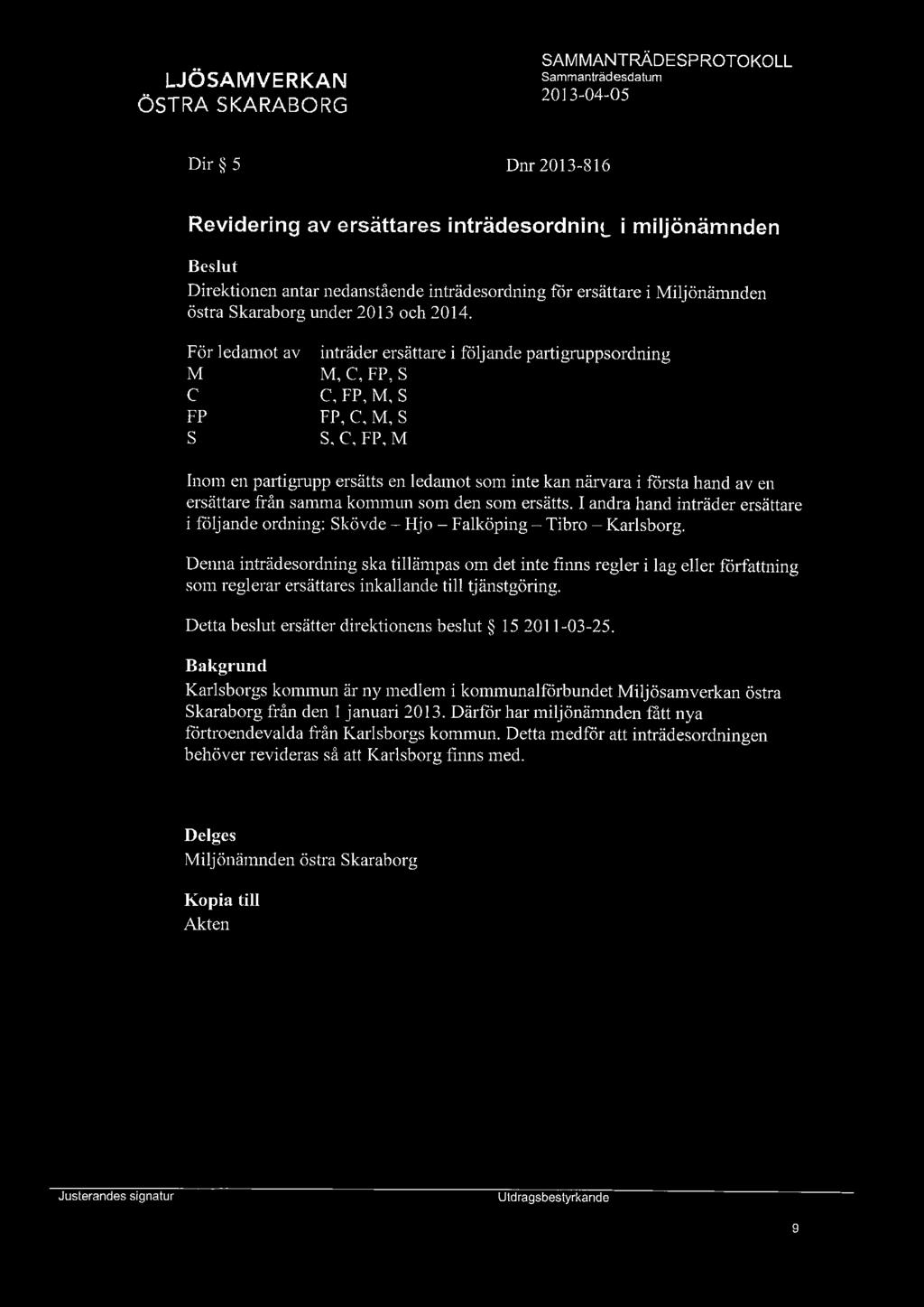 Dir 5 Dnr 2013-816 Revidering av ersättares inträdesordning i miljönämnden Direktionen antar nedanstående inträdesordning får ersättare i Miljönämnden östra skaraborg under 2013 och 2014.