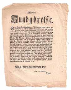 Nr 12. Allmän kungörelse om sedelstöld. Gyldenstolpe, Nils. Allmän kungörelse. Gävle, 1774. Ett blad. 4:o. Gott skick, oskurna kanter.