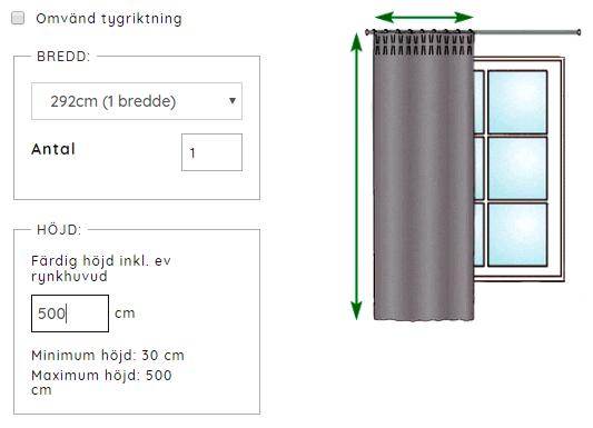 Då kommer bredden på metervaran ex 300 cm att användas som bredd på den färdigsydda gardinen. Detta innebär att man nu kan välja antalet bredder och nu har en maximal höjd på 5 meter.