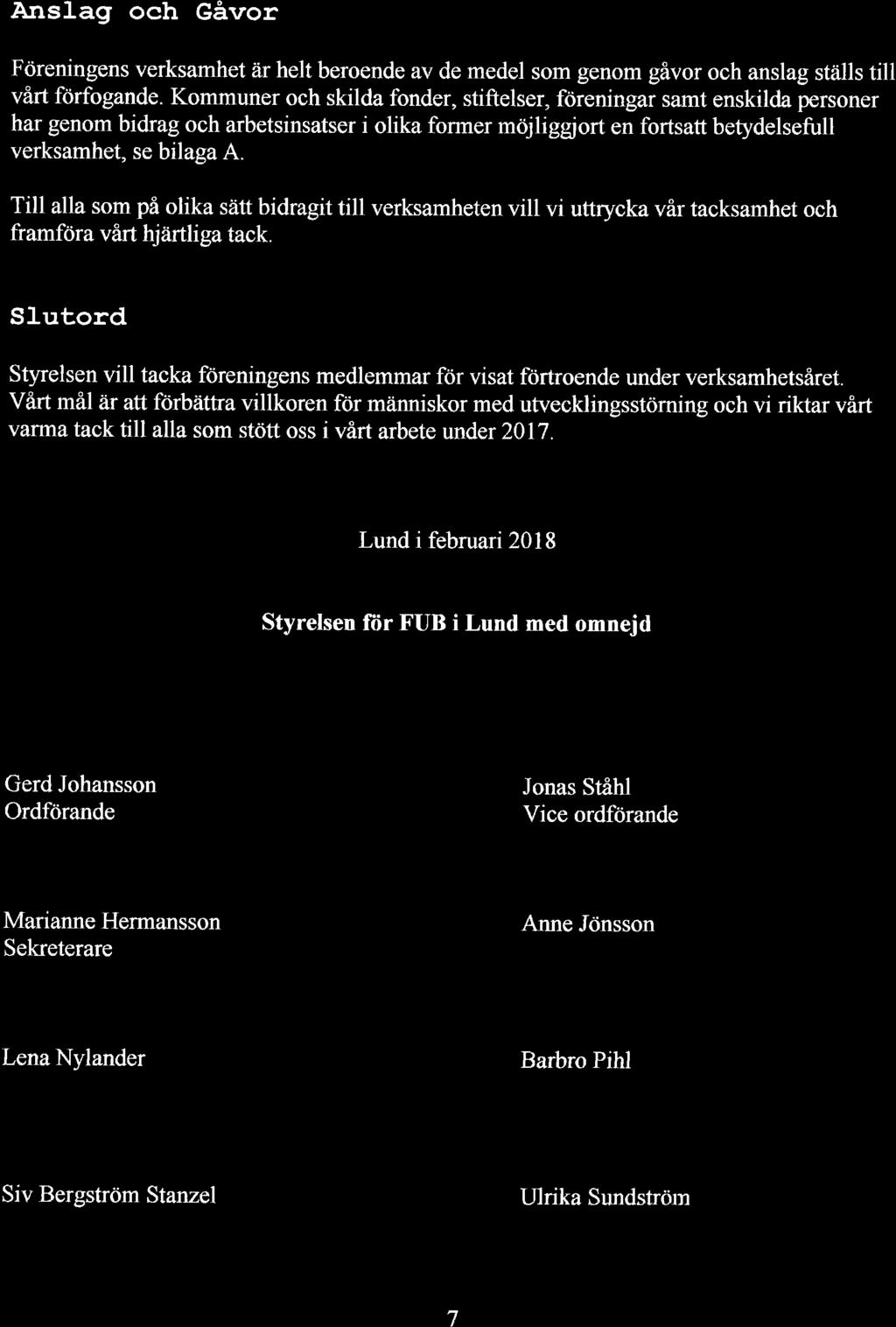 Ar,rs1ag och Gåvor Föreningens verksamhet är helt beroende av de medel som genom gåvor och anslag stéills till vårt fcirfogande.