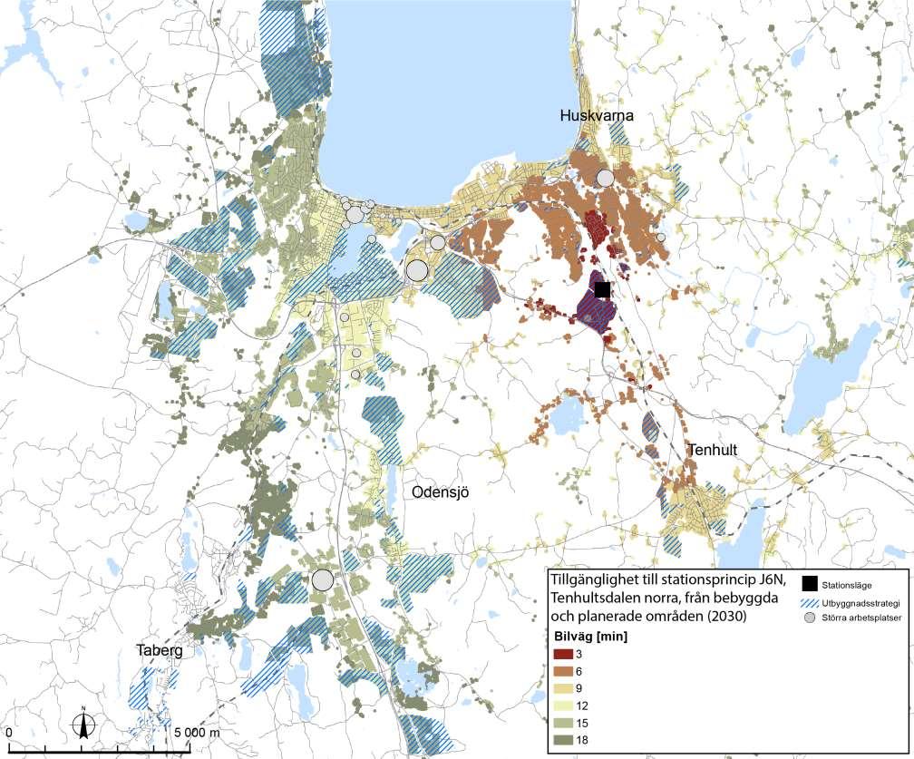 7.3.5 Effekter på tillgänglighet, användbarhet och samhällsutveckling Stationsprincip J6N, Tenhultsdalen Norr skulle innebära ett externt stationsläge strax söder om Huskvarna, på den västra sidan av