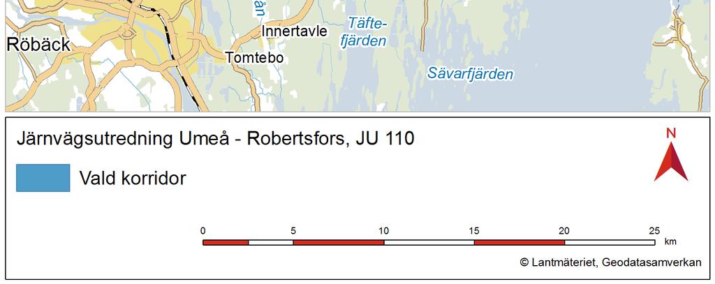 Den beslutade utredningskorridoren för JU 110, Sträckan