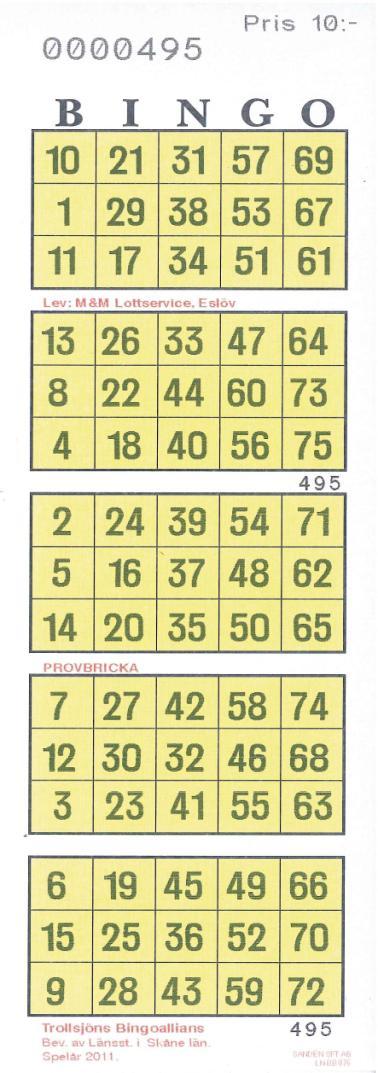 Toppbrickor Topp-Brickan är en snabbspelad bingobricka med 3 rader och 15 nummer. Brickorna levereras i ark om 5 brickor med alla nummer 1-75.