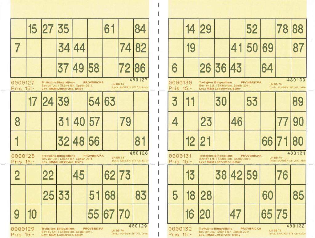 SE Engångsbricka Typ D Artikelnr Färg Löpnr + Tilltryck Vit 704511 Gul 704512 Ark med 6 brickor Beskrivning Alla talen 1-90 finns på arket Avsedda att säljas med 1 bricka som en enhet SED Perforering
