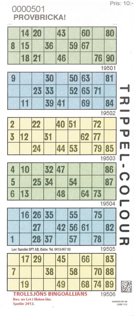 Kuponger Trippel-Colour Blad Artikelnr 1 752101 Beskrivning Ark med 6 brickor Enkelblad Alla talen 1-90 finns på arket Dragningstal 1-90 LN-Nummer LN BB 105 Uppläggningar 1-4, 4 olika 1 sats = 6 000