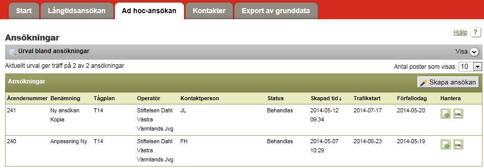 En ansökan som börjat handläggas hos Trv får status Behandlas. Det enda som nu går att göra är att titta på ansökan med ingående justeringar, d.v.s. inga förändringar i ansökan eller justeringarna går att göra, förutom att makulera enskilda justeringar.