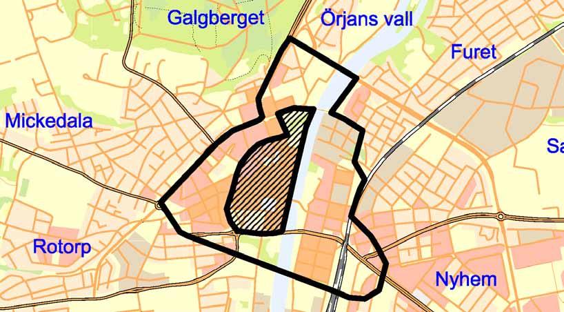 Nuvarande och framtida centrumområden. Det randiga området utgör dagens stadskärna och ytan markerad med en svart linje markerar centrums utvecklingsområde.