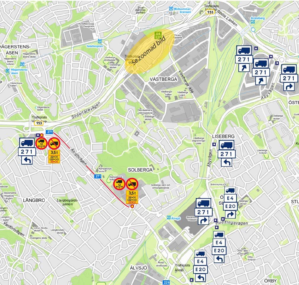 Figur 5. Förslag på vägvisning till lastbilstrafik, utan Västberga allé. Figur 6.