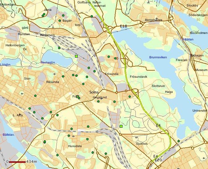 Solna stad - Stöld ur eller från bil, bildelsstöld totalt 45 i maj 2018. Teckenförklaring: En grön prick = 1 brott, en grön fyrkant = 2-5 brott. En gul fyrkant = 6-10 brott.