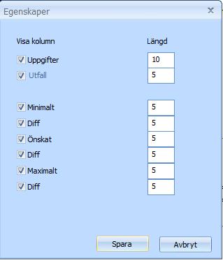 Kolumner i detalj bilden Man kan även välja att dölja kolumner i detalj bilden. Här visas uppgifter och utfall.