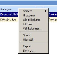Tips För samtliga rapporter gäller Inställningar av kolumner Genom att högerklicka i kolumnrubrik finns möjlighet att komma åt funktioner för både presentation och