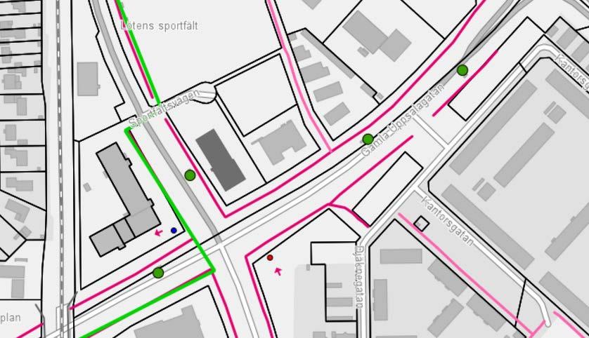 Utdrag ur Uppsala kommuns cykelkarta, busshållplatser markerade med gröna punkter. Förändringar Gatunät Detaljplanen medger en förlängning av Sportfältsvägen.