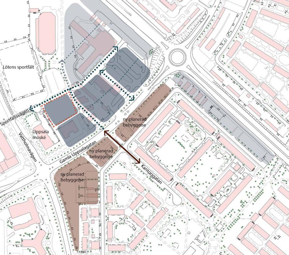 Skiss som visar ett exempel på en möjlig utveckling av området kring Gamla Uppsalagatan. Röd streckad linje markerar den aktuella fastigheten, Kvarngärdet 64:2.