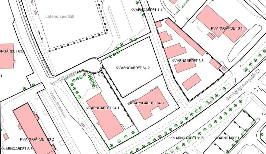 OMRÅDESFÖRUTSÄTTNINGAR OCH FÖRÄNDRINGAR Plandata KVARNGÄRDET 1:32 Fastighetskarta, planområdet markerat med röd streckad linje.