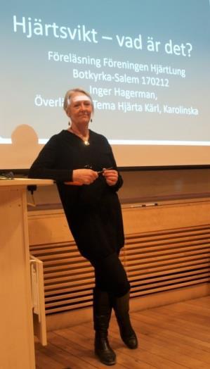 Föreläsare Inger Hagerman, överläkare på HS hjärtklinik berättade sedan om hjärtsvikt och vad som görs inom sjukvården för att patienterna ska få bättre hjälp med sin sjukdom.