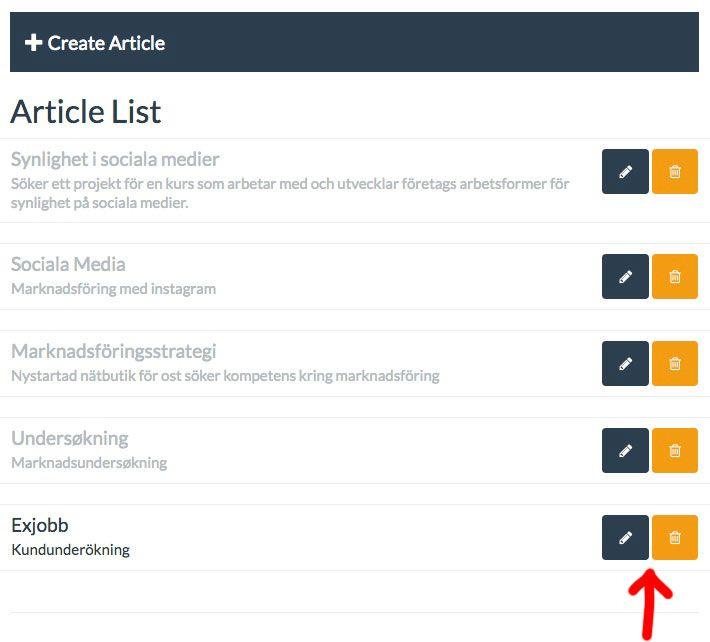 Lista din Articles Du kan välja mellan att skapa ny Article eller lista dina registrerade Articles I listan över dina Articles kan du välja att radera eller ändra i dina articles.